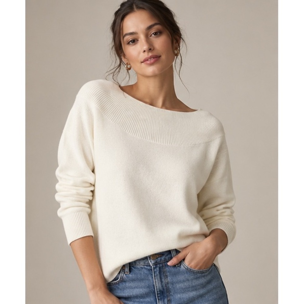 Moth By Anthropologie Women's Ivory Wide Neck Ribbed Sweater Pullover M NWT